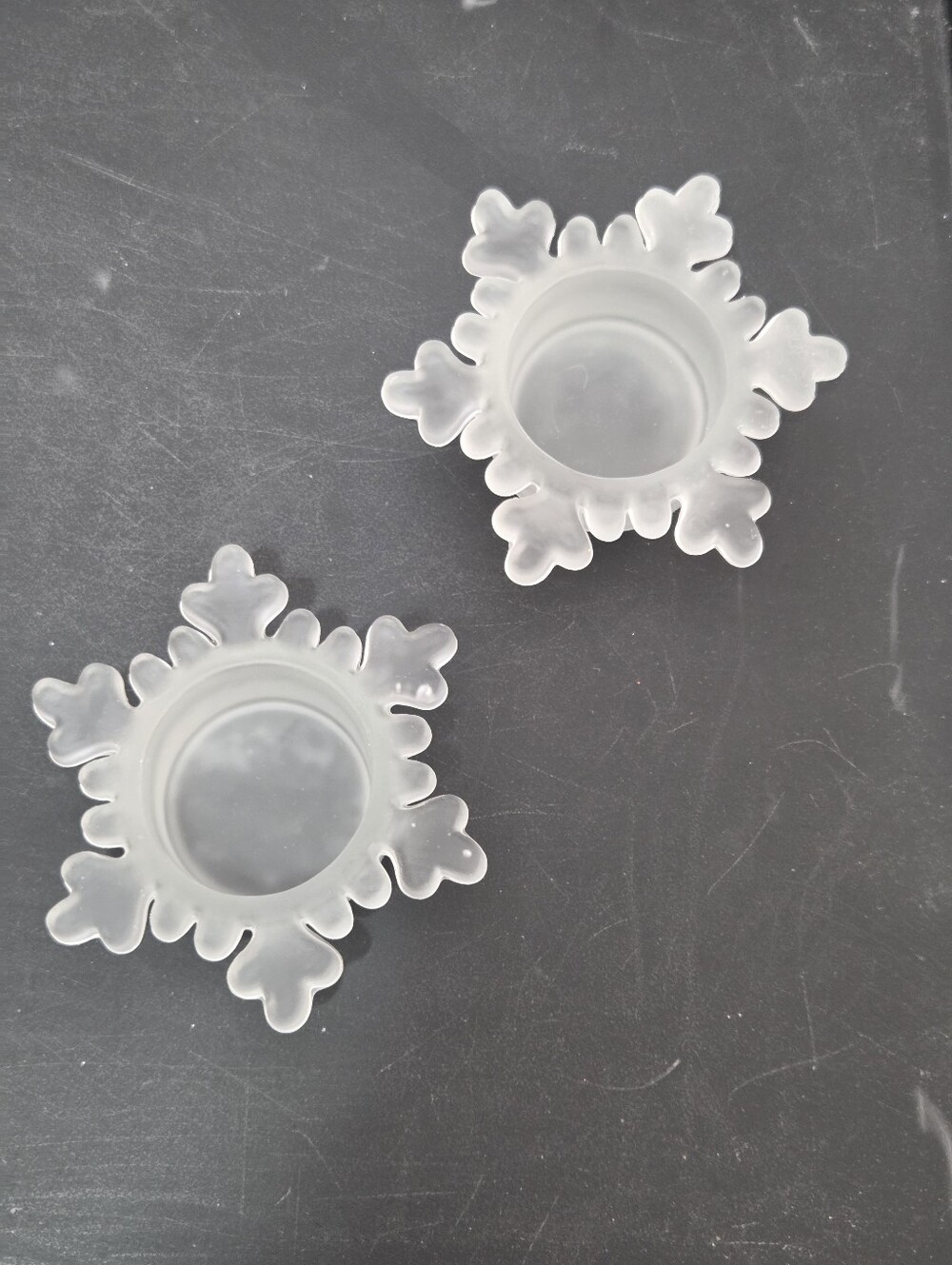 Frosted Glass Snowflake Shaped Tea Light Holders Set of 2 Vintage Christmas